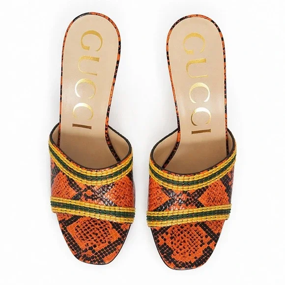 Gucci Bamboo Heel Slide Sandal Heels Orange Python Leather Size 39 Made in Italy - Picture 9 of 10